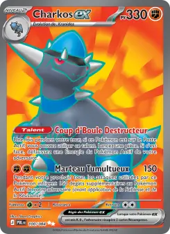 low110webp JM Cards Charkos EX Pokémon card blue dragon with horns fiery background HP 330 moves Coup dBoule Destructeur and Marteau Tumulteux 150