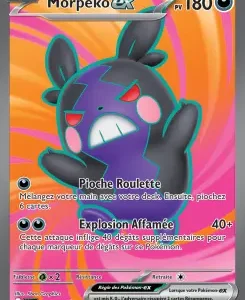 Pokemon trading card Morpéko EX with 180 HP, featuring Morpéko in a blue-purple form against an orange swirl background; attacks 'Pioche Roulette' and 'Explosion Affamée'.