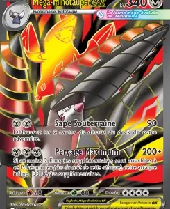 Front of a colorful Pokémon trading card featuring a red-and-black armored dragon-like creature with spikes and the EX/M Mega symbol; French text and attack icons visible.