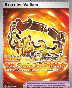 Pokémon TCG item card 'Bracelet Vaillant' showing a glowing fiery bracelet with French text on the card edge.
