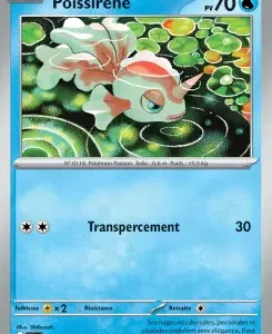 Poissirène Pokémon card: Water type, 70 HP; pink fish-like Pokémon underwater among bubbles; move Transpercement 30.