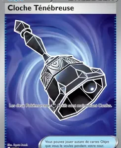 Card titled Cloch Ténébreuse with a dark faceted crystal bell pendant on a blue swirl background.