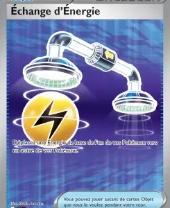'Échange d'Énergie' — une carte entraîneur du jeu de cartes Pokémon, avec un fond bleu et des raccords métalliques reliés à deux lampes, et un symbole de foudre; indique une carte d'échange d'énergie (fonction/objet).