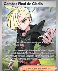 Pokémon TCG Supporter card 'Combat Final de Gladio' showing a blonde trainer in black, with French card text and cloudy background.