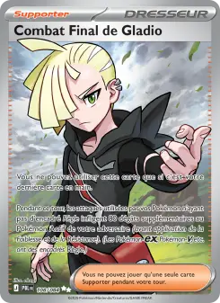 low127webp JM Cards Pokémon TCG Supporter card Combat Final de Gladio showing a blonde trainer in black with French card text and cloudy background