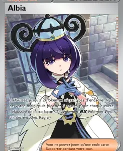 Albia character card: purple-haired girl with horn-like curls and crown, in a fantasy, tile-dungeon setting with a silver border.