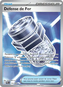 low130webp JM Cards Trainer card Défense de Fer showing a large silver mechanical device against a blue energy background with French card text below