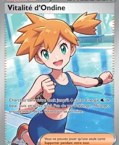 French Pokémon card titled Vitalité d'Ondine, showing a smiling girl in a blue swimsuit running by a pool.