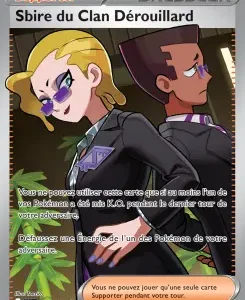 Card 'Sbire du Clan Dérouillard' showing two agents in suits, back-to-back, with French game text visible.