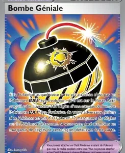 French Pokémon card Bombe Géniale: a black bomb with a lit fuse and sun emblem, glowing orange around it.