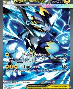 French Mega‑Zeraora EX Pokémon card featuring an electric‑type Zeraora with blue lightning, 270 HP, two attacks Poing Foudroyant (60) and Zepto Tour (150).