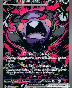Front of a Pokémon trading card featuring Morpeko with a neon pink background, HP 180, and two attacks named Poche Roulette and Explosion Affamée.