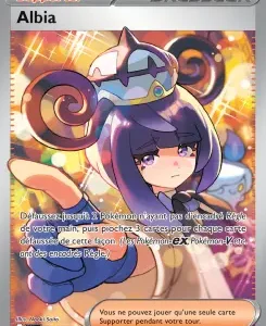 Pokémon Trading Card (Supporter) named Albia, featuring a purple-haired trainer with a blue helmet against a fiery background.