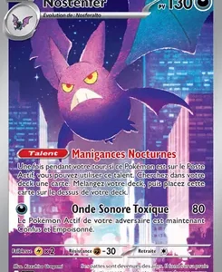 Carte Pokémon française Nostenfer, 130 PV; bat violet en ville néon. Capacité Manigances Nocturnes; attaques Onde Sonore (80) et Toxique.