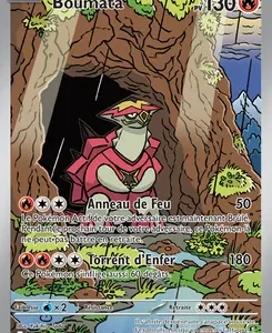 French Pokémon trading card showing a green, dragon-like Pokémon in a cave with lava and a waterfall, two attacks named Anneau de Feu and Torrent d'Enfer, HP 130, art featuring a pink cloak and rocky surroundings.