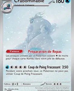 Carte Pokémon Crabonminable: HP 160, Talent Préparation de Repas, Attaque Coup de Poing Fracassant 250, texte en français sur fond bleu neigeux.