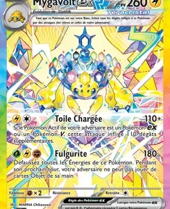 French Pokémon EX trading card featuring an electric-type Pokémon with a yellow body and blue armor, vivid background, attacks 'Toile Chargée' and 'Fulgurite'.
