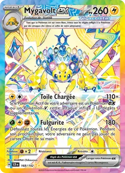 French Pokémon EX trading card featuring an electric-type Pokémon with a yellow body and blue armor, vivid background, attacks 'Toile Chargée' and 'Fulgurite'.