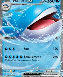 Wailord EX Pokémon card with 380 HP Water type; attacks Surf 120 and Écoulement 270; note: this Pokémon is now asleep.