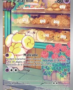 Pokémon card featuring a pink-yellow creature in a bakery shop scene, HP 60, with pastry shelves in the background and two moves listed.