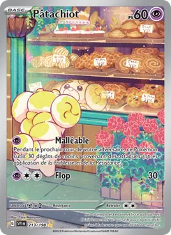 Pokémon card featuring a pink-yellow creature in a bakery shop scene, HP 60, with pastry shelves in the background and two moves listed.