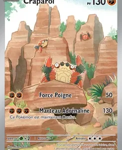 French Pokémon card: Craparoi in a rocky canyon; 130 HP, attacks Force Poigne and Marteau Adrenaline; 'Ce Pokémon est maintenant Confus'