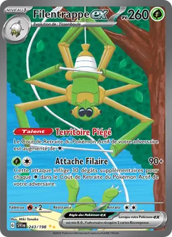 Carte Pokémon Filentrappe EX, 260 PV, attaque Attache Filaire 90+, capacité Territoire Piégé — évolution du Pokémon actif.