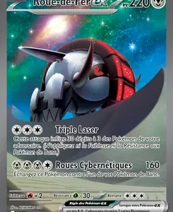 Pokémon trading card: Roue-de-Fer CX, HP 220, a robotic armored Pokémon with moves Triple Laser and Roues cybernétiques on a foil card