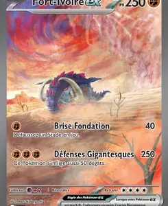 Fort-Ivoire ex Pokémon card, 250 PV, attacks Brise Fondation 40 and Défenses Gigantesques 250, desert background.