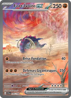 Fort-Ivoire ex Pokémon card, 250 PV, attacks Brise Fondation 40 and Défenses Gigantesques 250, desert background.