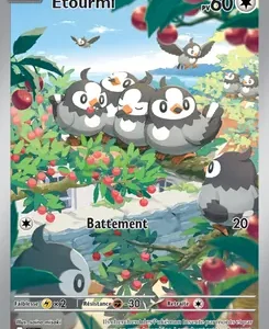 Pokémon trading card featuring Étourmi, a small bird Pokémon, with three chicks in a sunny orchard; HP 60, attack Battement 20.