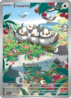Pokémon trading card featuring Étourmi, a small bird Pokémon, with three chicks in a sunny orchard; HP 60, attack Battement 20.
