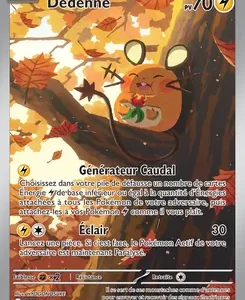 Dedenne Pokémon card with autumn leaves in the background, HP 70, showing attacks Générateur Caudal and Éclair with energy symbols nearby.