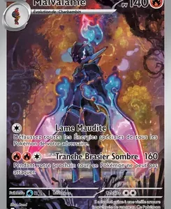Carte Pokémon Malvalame, 140 PV, type feu, Pokémon sombre entouré de flammes bleues; attaques Lame Maudite et Tranche Brasier Sombre 160.