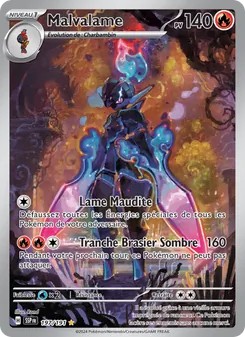 Carte Pokémon Malvalame, 140 PV, type feu, Pokémon sombre entouré de flammes bleues; attaques Lame Maudite et Tranche Brasier Sombre 160.
