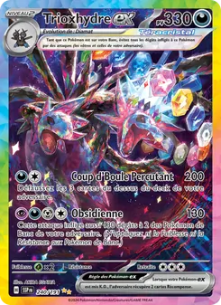 Pokémon card: Trioxhydre ex with 330 HP, attacks Coup d'Boule Percutant (200) and Obsidienne (130); features holo foil artwork.