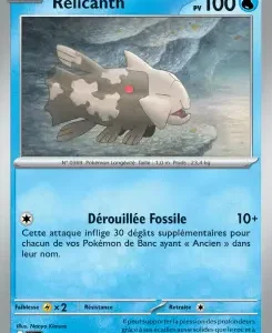 Relicanth Pokémon card with 100 HP, artwork shows a fossil fish-like creature swimming in icy waters.