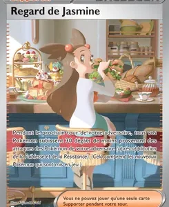 Artwork for a Pokémon TCG Supporter card titled 'Regard de Jasmine' showing Jasmine, a girl with brown hair, in a bakery surrounded by pastries; contains French card text describing its effect for the next turn.