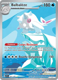 Balbalèze Pokémon card: Water-type, 180 HP, white icy creature perched on an iceberg; ability Corps Résistant and attack Bouche Dangereuse for 150 damage.