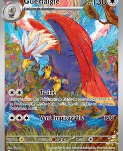 French Pokémon trading card featuring a dragon-type Pokémon with 130 HP, shown in a colorful landscape with red and blue dragon wings; attacks shown are Traîne and Vent impitoyable.