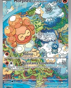 French Pokémon card: Morphéo Forme Solaire, 70 PV, with attacks Roussi (50) and Assistance Ensoleillée; orange blob-like creature front and center in a colorful landscape background.