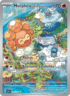 French Pokémon card: Morphéo Forme Solaire, 70 PV, with attacks Roussi (50) and Assistance Ensoleillée; orange blob-like creature front and center in a colorful landscape background.