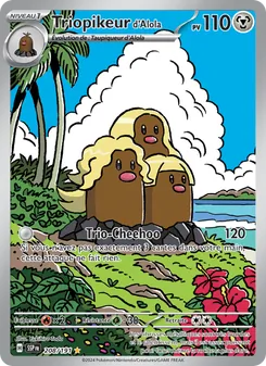 Pokémon trading card showing the Alola Trio: three brown, blob-like Pokémon on a tropical beach with palm trees and a volcano in the background (HP 110).