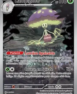 French Pokémon card featuring Lampignon, a glowing mushroom‑ghost with 110 HP, and two attacks: Lumière Apaisante and Course en Spirale (60).