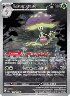 French Pokémon card featuring Lampignon, a glowing mushroom‑ghost with 110 HP, and two attacks: Lumière Apaisante and Course en Spirale (60).