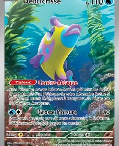 Pokémon card Denticrisse: 110 HP, Water type, underwater scene; attacks Grosse Morsure and Contre-Attaque.