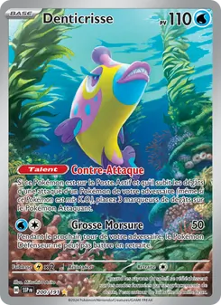 Pokémon card Denticrisse: 110 HP, Water type, underwater scene; attacks Grosse Morsure and Contre-Attaque.