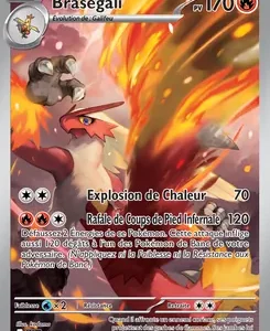 Braségali (Blaziken) Pokémon card, Fire-type, 170 HP, artwork shows the Fire-type evolves with flames and a blazing attack; attacks Explosión de Calor (70) and Ráfaga de Fuego Infernal (120).