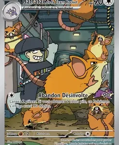 French Pokémon trading card featuring Raticate from Team Rocket, with a lab/dungeon scene and the move Abandon Désinvolte, HP 90.
