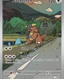 French Kangourex Pokémon card: Kangourex with 120 HP on a roadside battlefield scene; attacks shown are Gifle Douce and Uppercut (50 and 90+ damage). Card text and energy icons are visible along the bottom edge.